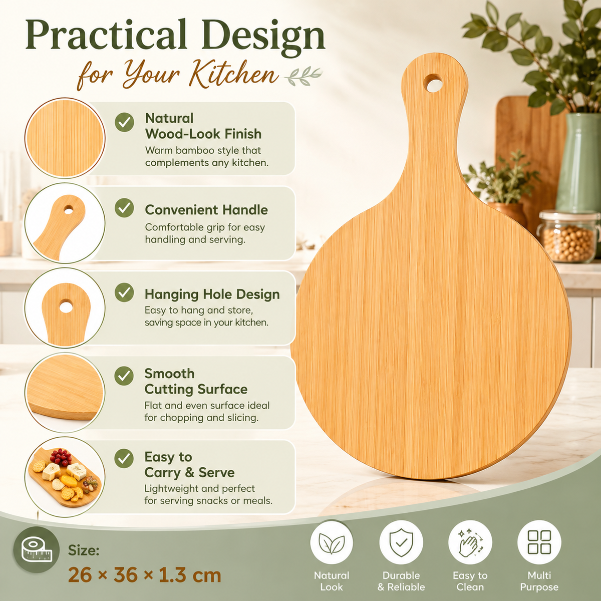 Round Bamboo Chopping Board with Handle 26x36cm