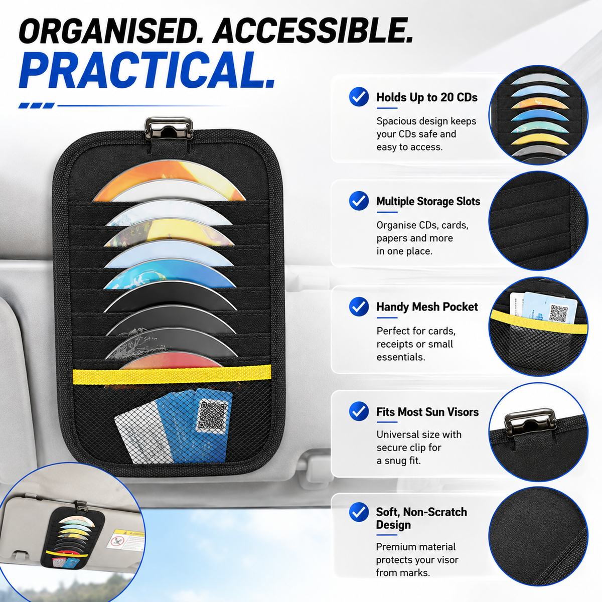 Car Sun Visor CD Holder – 20 Disc Storage Organiser with Card, Pen & Accessory Pockets