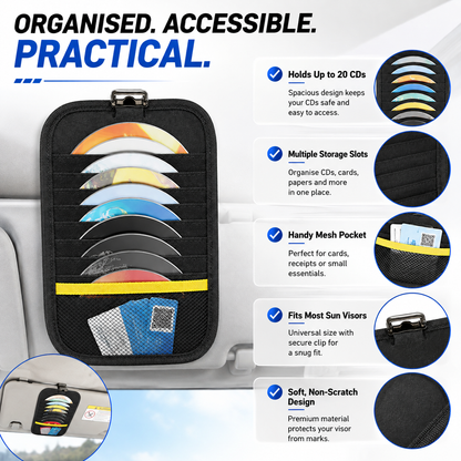 Car Sun Visor CD Holder – 20 Disc Storage Organiser with Card, Pen & Accessory Pockets
