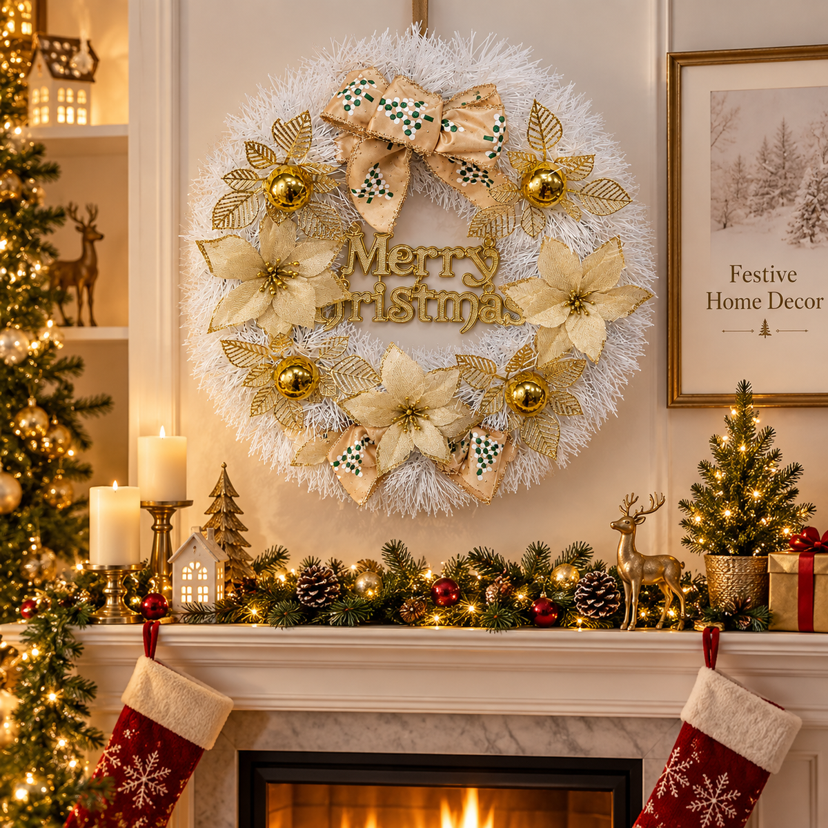 40cm White & Gold Christmas Wreath