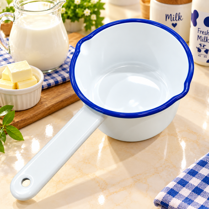 Enamel Milk Pan – 14cm White with Blue Rim
