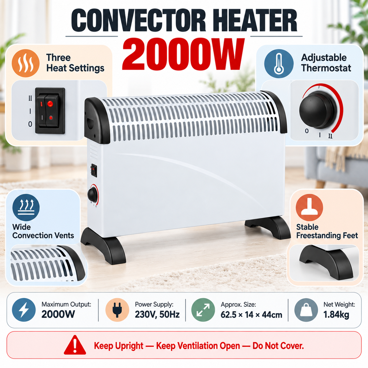 Single 2000W Portable Convector Heater 62.5cm – White