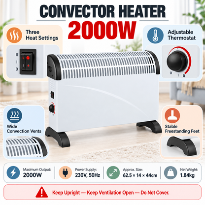 Single 2000W Portable Convector Heater 62.5cm – White
