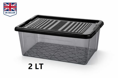[1L / 2L / 3L / 5L /10L/15/ 20L /30L] Anthracite Storage Box with Clip Lid – Smoked Tinted Plastic, Stackable, Black