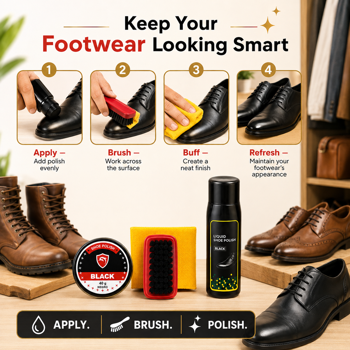 Black Shoe Care & Polish Kit with 40g Wax Polish,  Footwear Cleaning Set