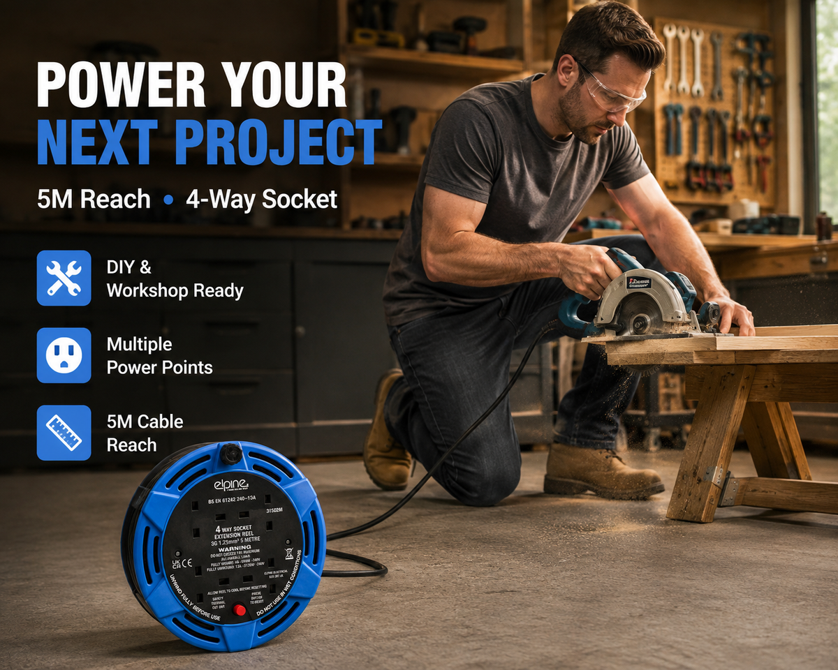 5M 4-Way Extension Cable Reel 13A with 4 UK Plug Sockets