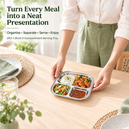 Stainless Steel 3 Compartment Tray – 29.5x26cm Divided Serving Plate
