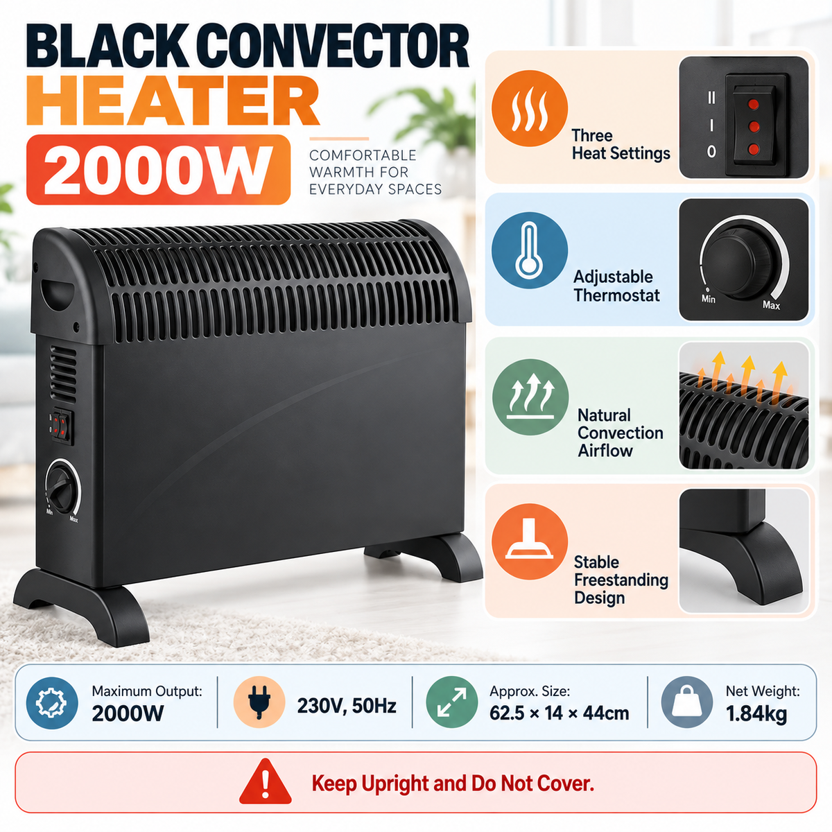 Single 2000W Portable Convector Heater 62.5cm – Black