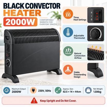 Single 2000W Portable Convector Heater 62.5cm – Black