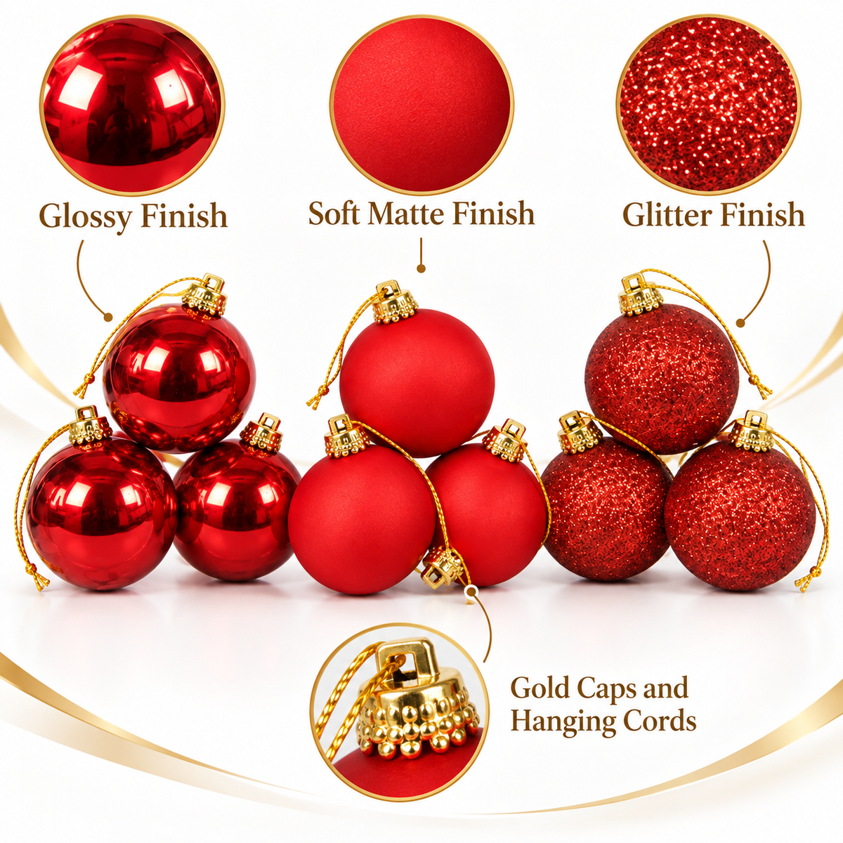 Red Christmas Ball Ornaments Set – Glitter, Matte & Shiny Baubles