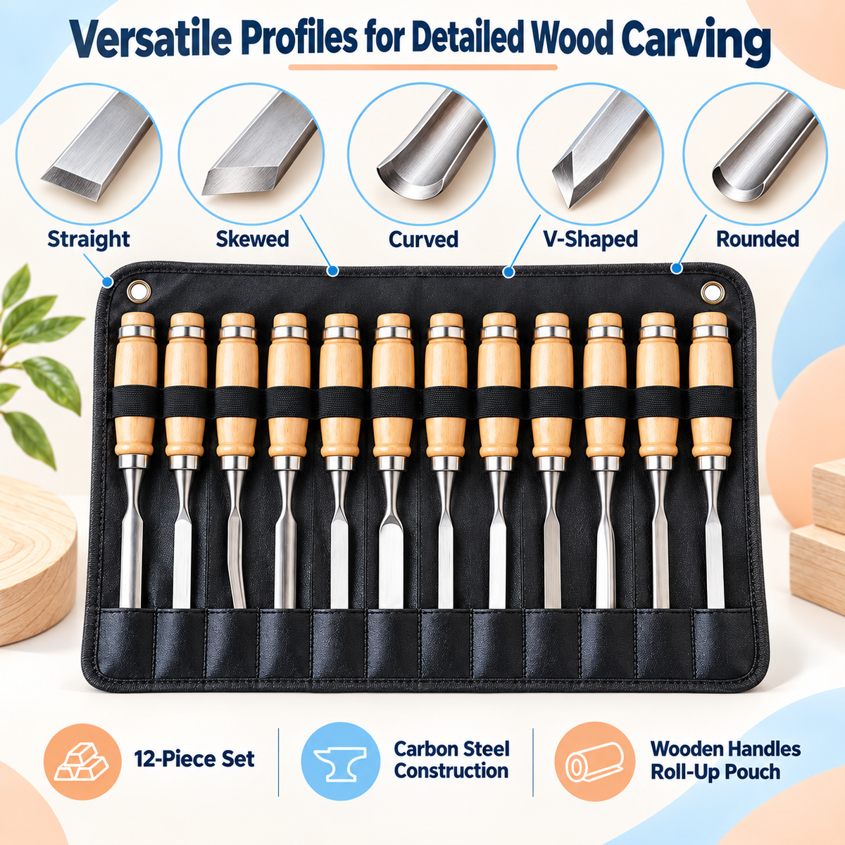 12Pc Wood Carving Chisel Set Carbon Steel