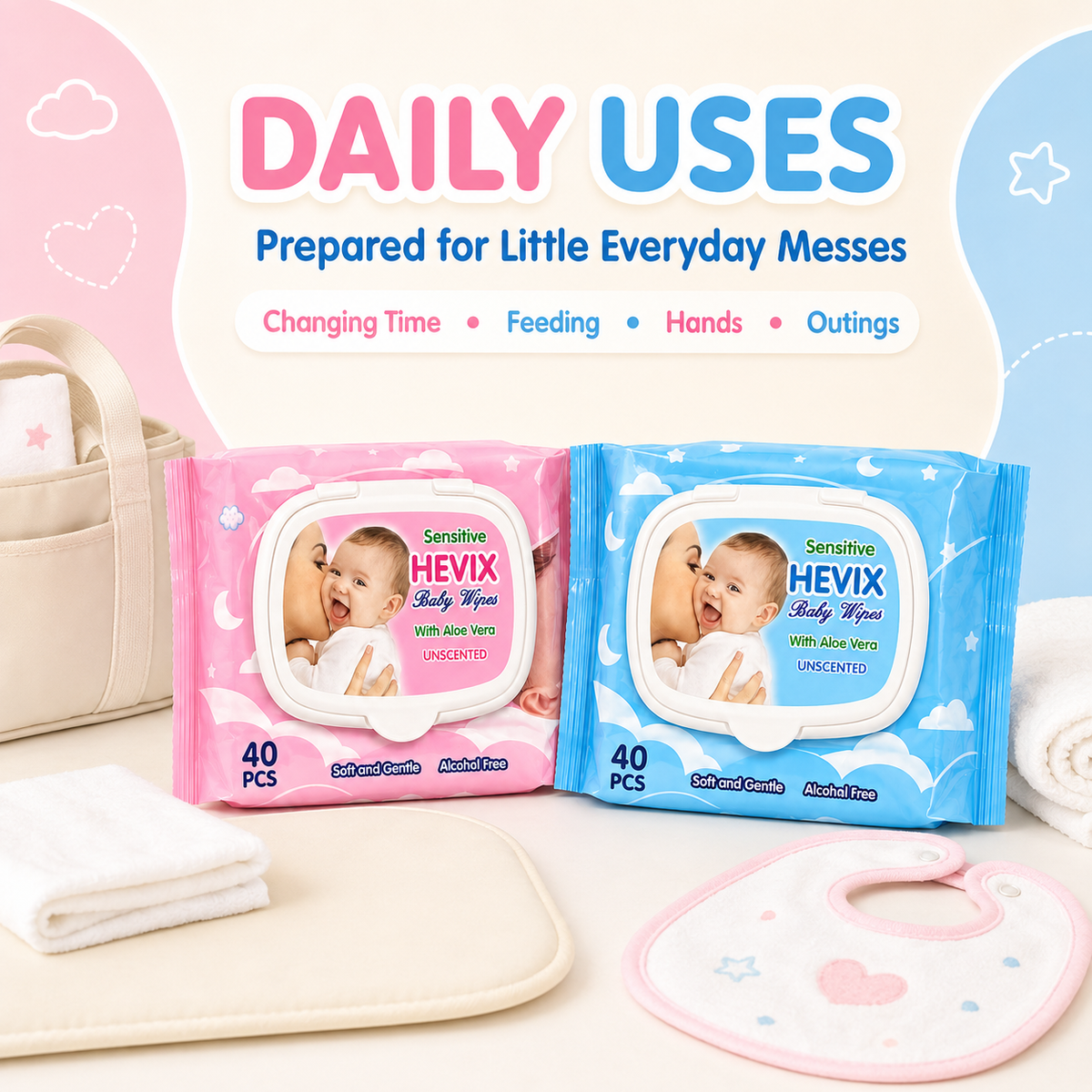 40 Unscented Sensitive Baby Wipes with Aloe Vera | Pink & Blue Packs