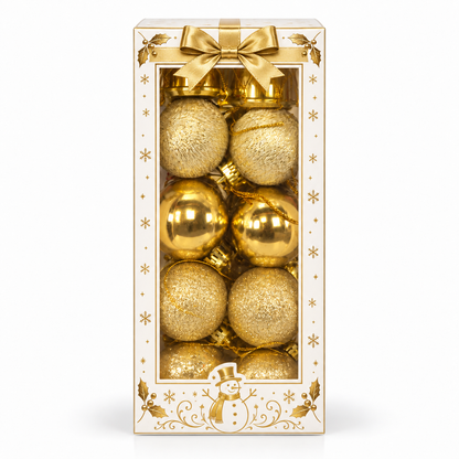 Gold Christmas Ball Ornaments Box Set – Glitter & Shiny Snowman Design