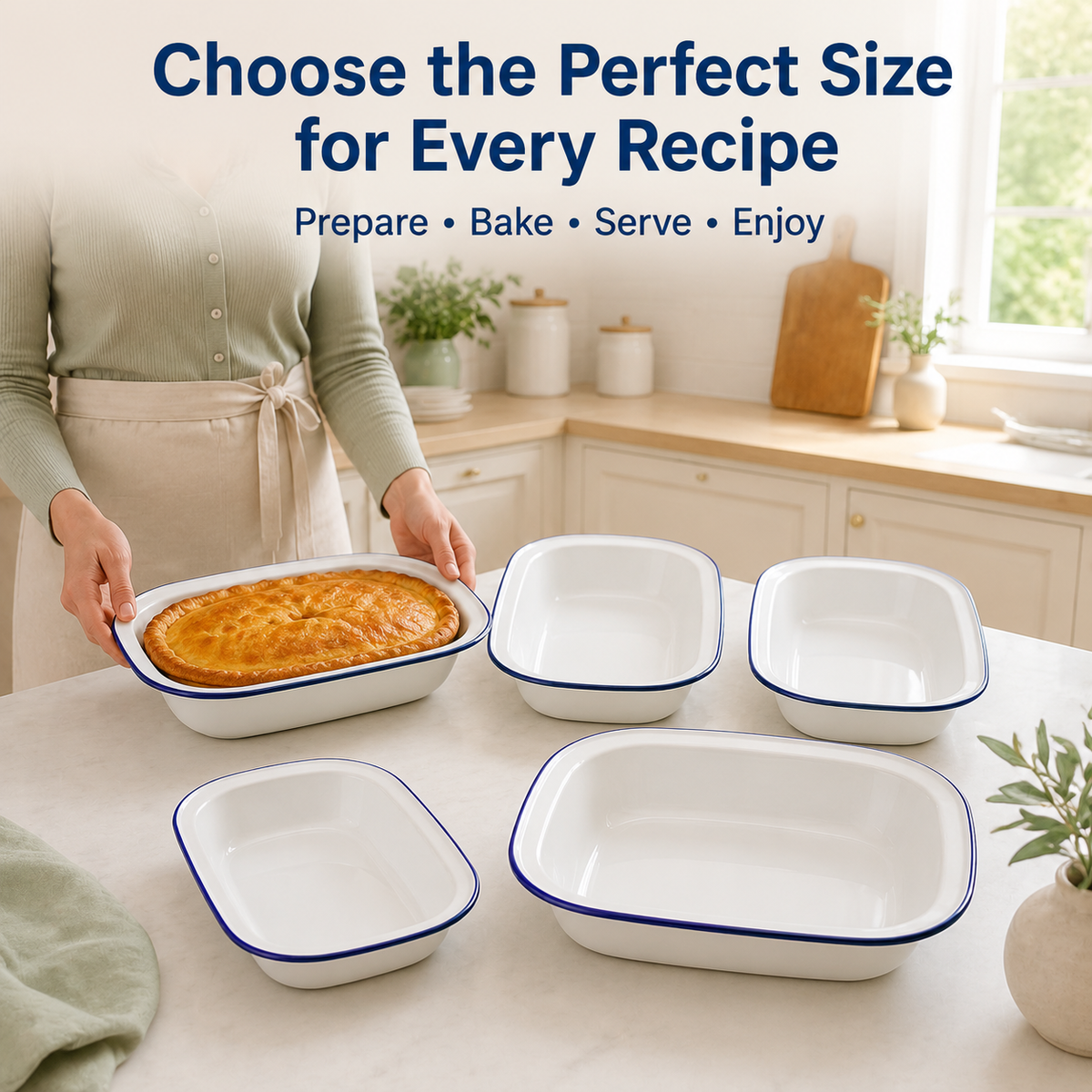 Enamel Pie Dish – White with Blue Rim | 22-32cm Sizes