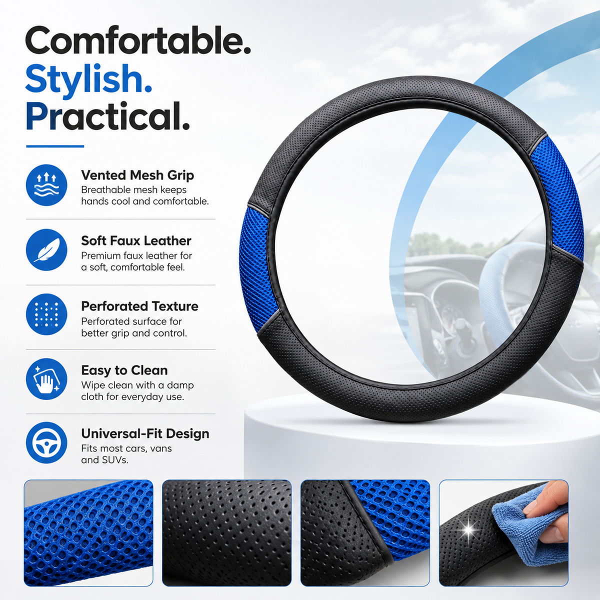 Universal Black Steering Wheel Cover with Red or Blue Mesh Grip – Soft Faux Leather Car Interior Accessory
