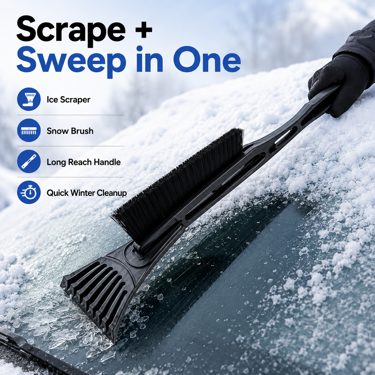 Ice Scraper with Snow Brush – Long Handle Winter Car Tool