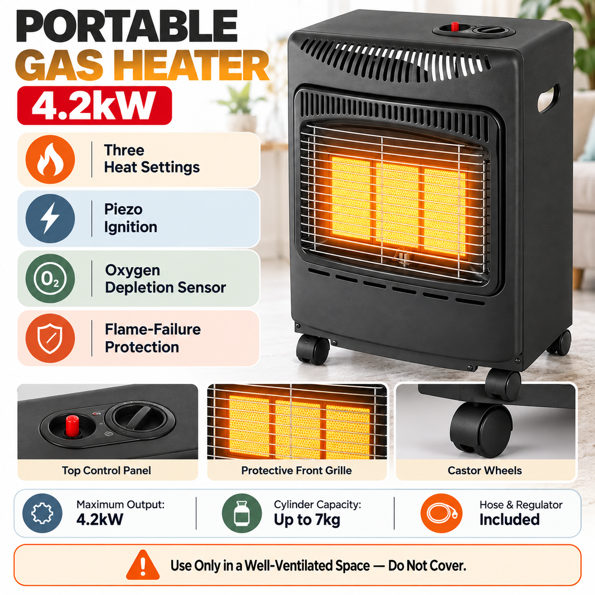 Single 4.2kW 3-Plate Gas Cabinet Heater with Hose & Regulator – Black