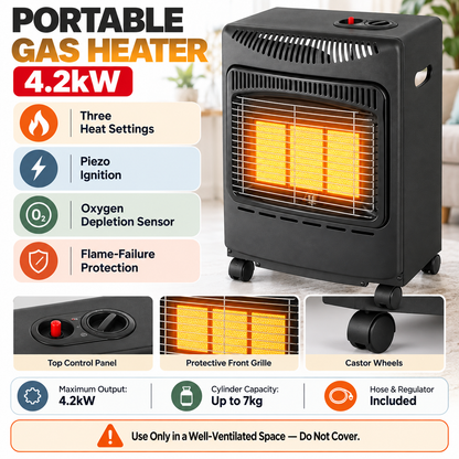 Single 4.2kW 3-Plate Gas Cabinet Heater with Hose & Regulator – Black