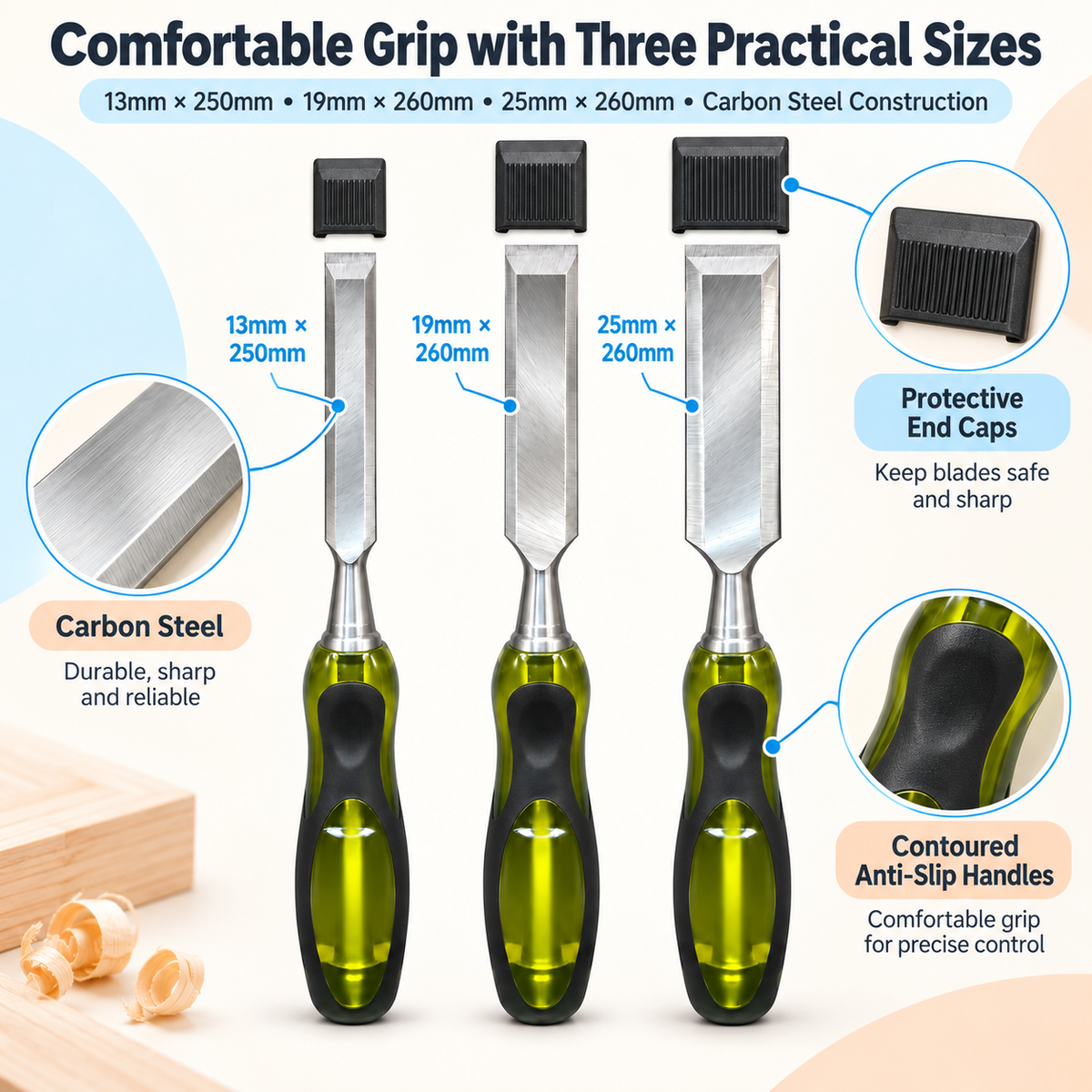 3Pc Wood Chisel Set Drop Forged Steel