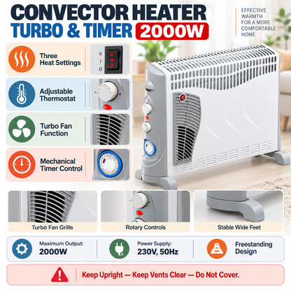 Single 2000W Convector Heater with Turbo Fan & Timer – White