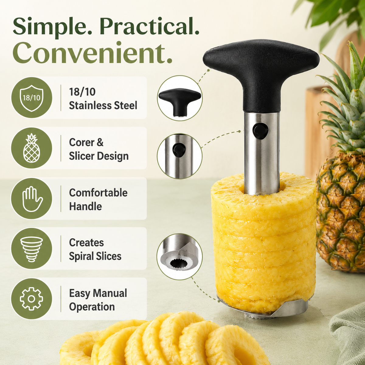 Stainless Steel Pineapple Corer Slicer & Cutter with Easy-Grip Handle – Manual Pineapple Prep Tool