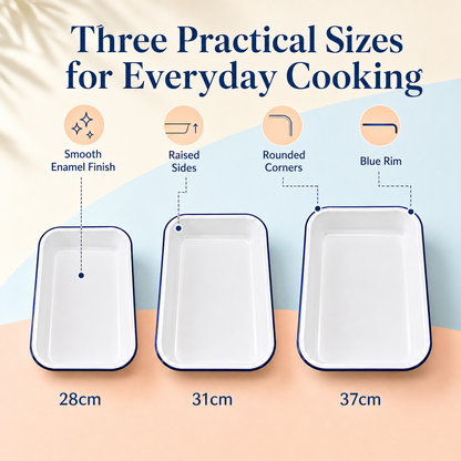 Enamel Bake Pan White with Blue Rim – 28cm, 31cm & 37cm
