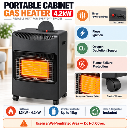 Single 4.2kW Portable Gas Heater with Hose & Regulator – Black