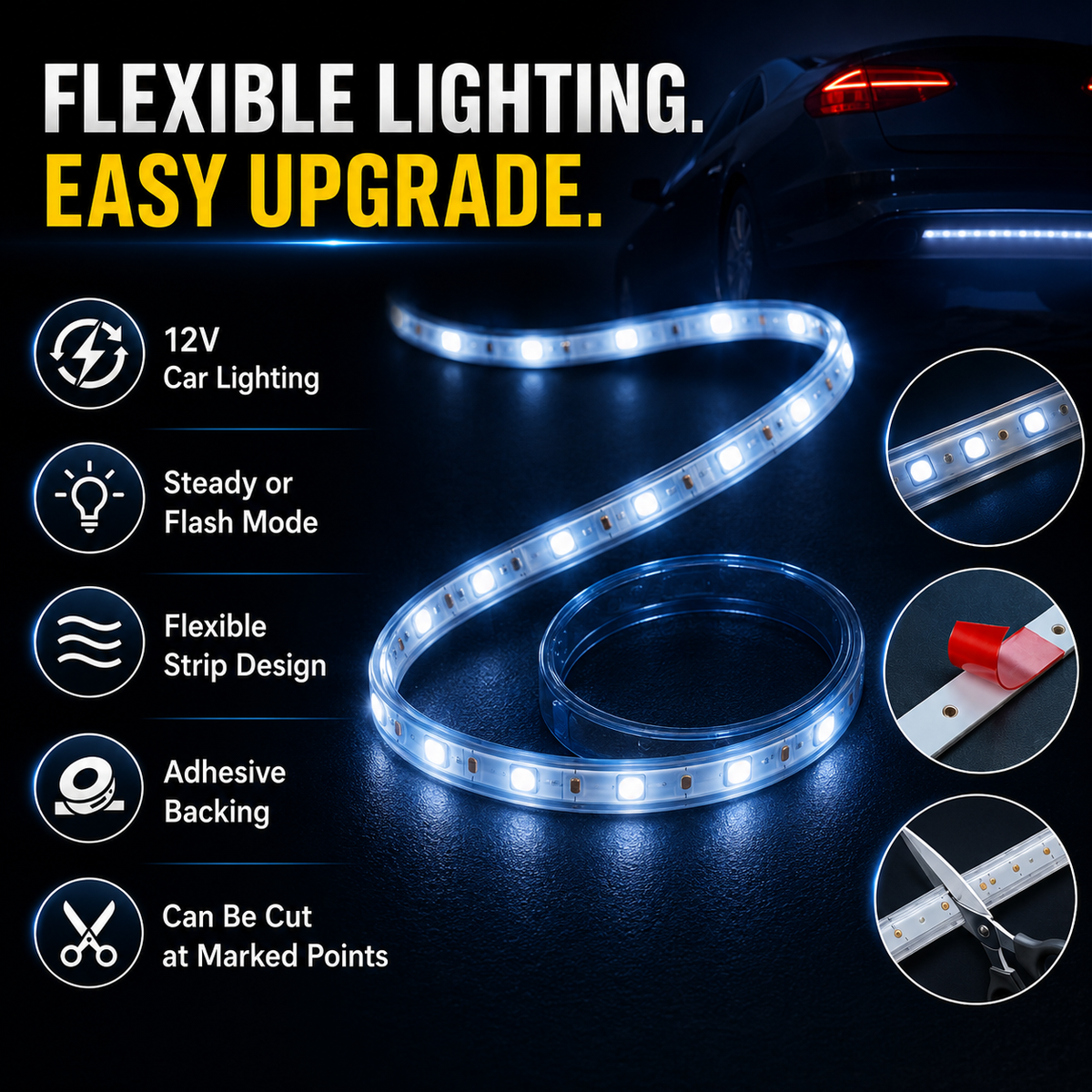 40cm 12V LED Car Light Strip – Steady & Flash Flexible Lighting