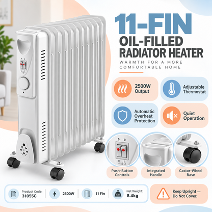 Single 2500W 11-Fin Oil-Filled Radiator Heater – White