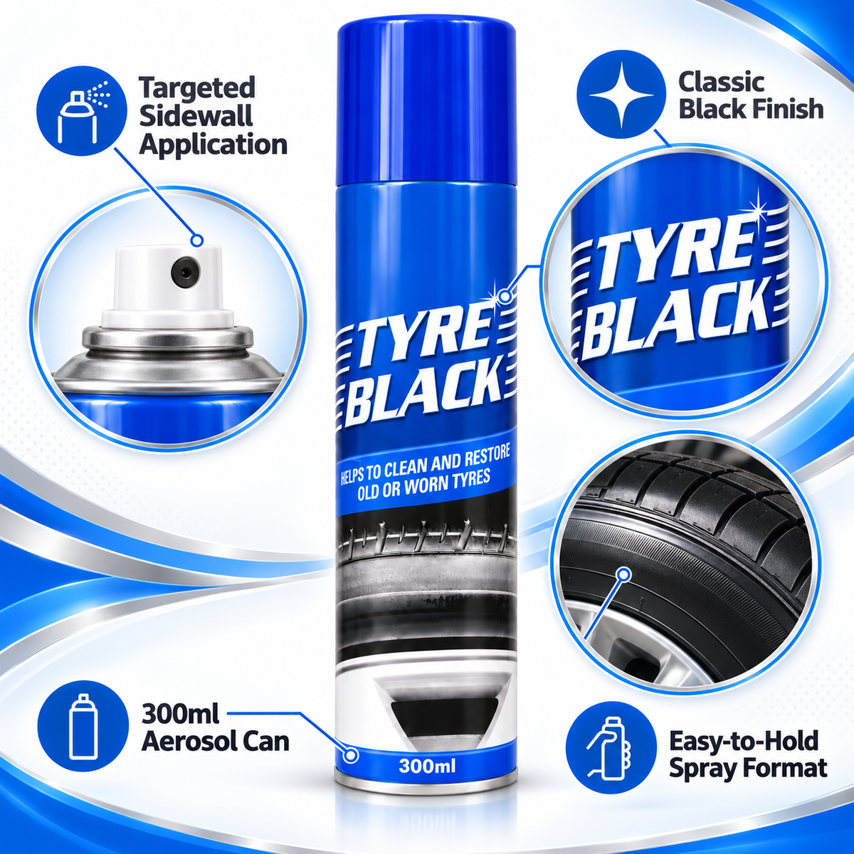 Tyre Black Spray – Cleans & Restores Old or Worn Tyres, 300ml