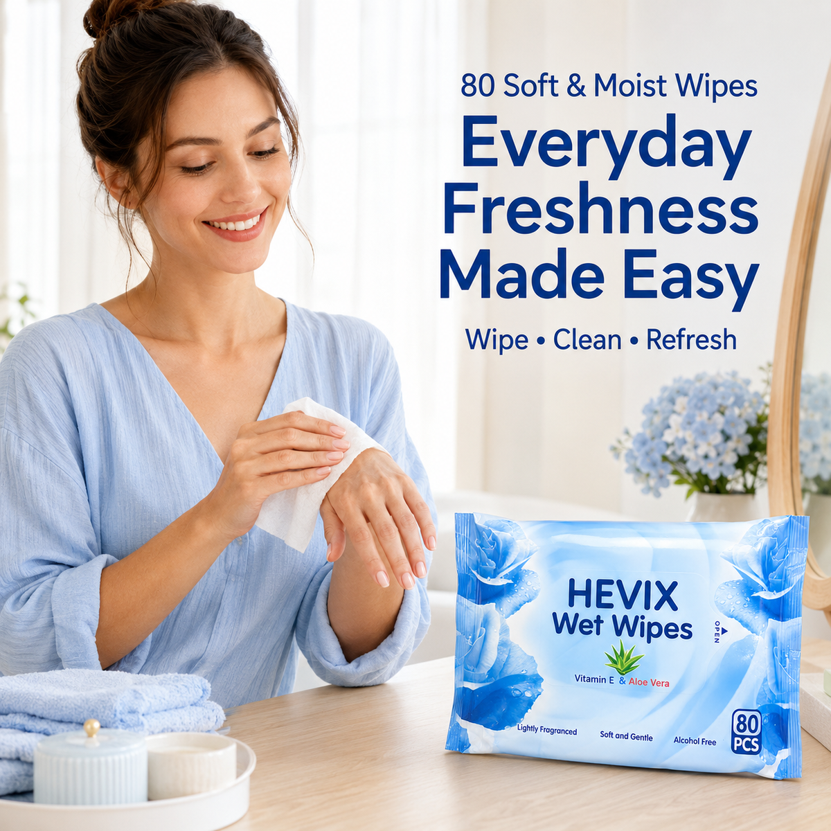80 Soft Wet Wipes with Aloe Vera & Vitamin E | Alcohol-Free Lightly Fragranced Wipes