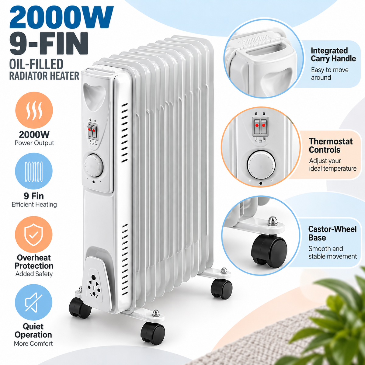 Single 2000W 9-Fin Oil-Filled Radiator Heater – White