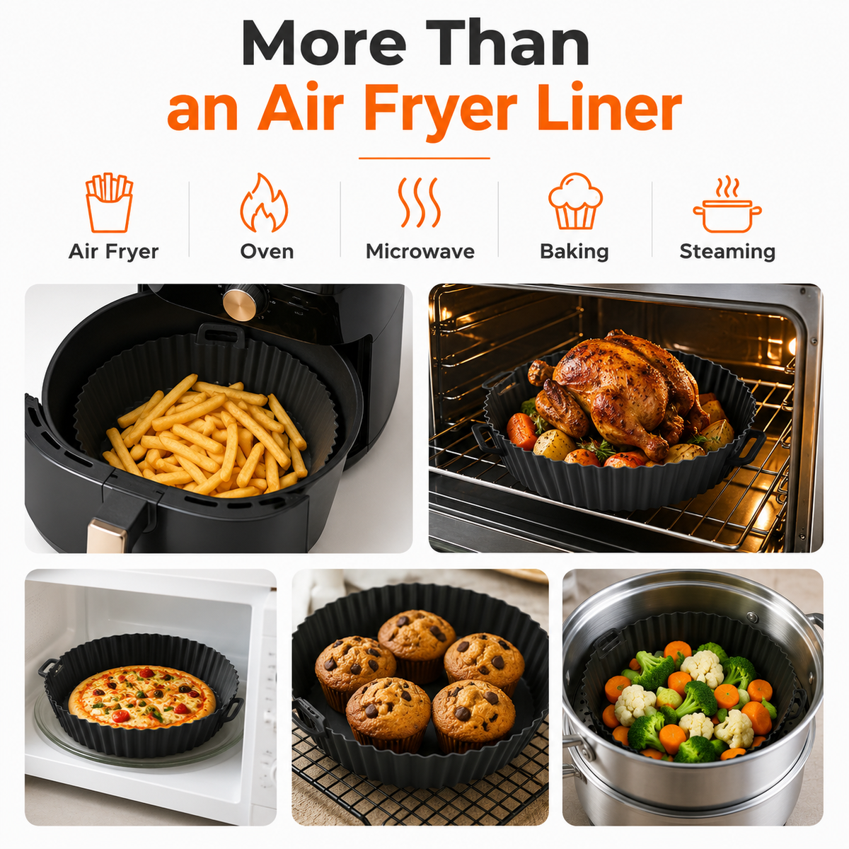 Reusable Silicone Air Fryer Liner – Round Silicone Baking Tray with Handles