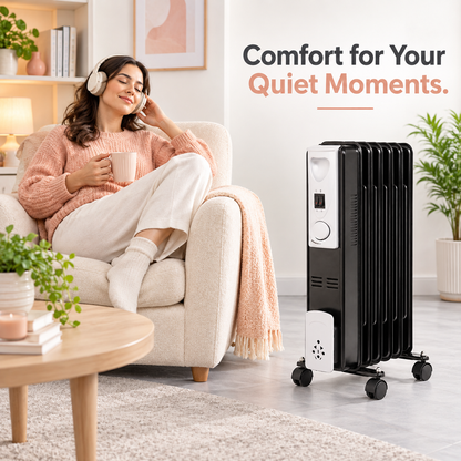 Single 1500W 7-Fin Oil-Filled Radiator Heater – Black