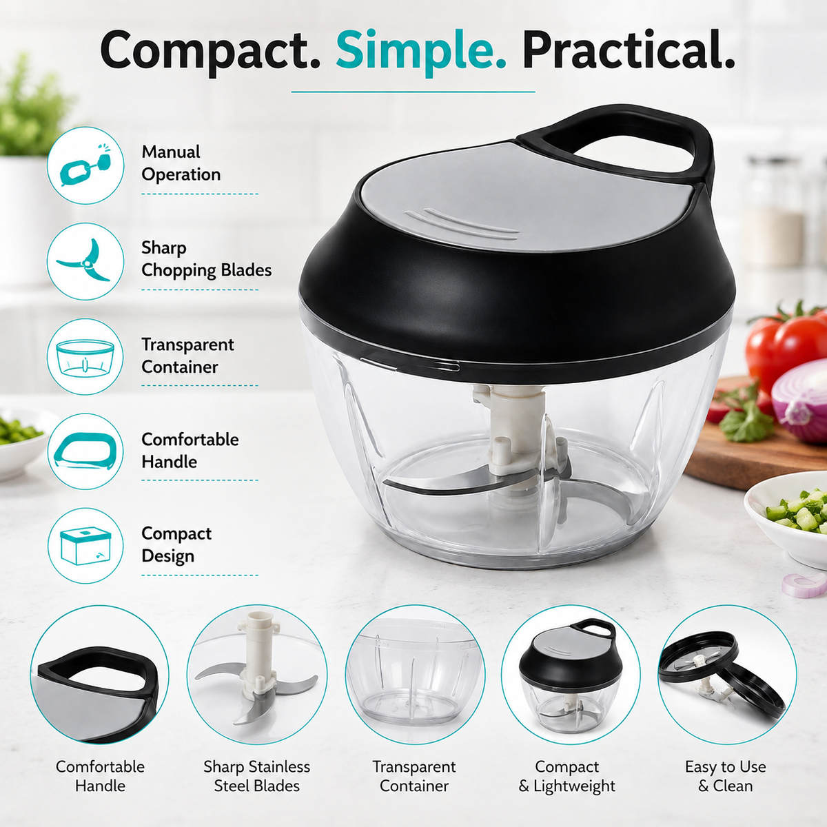 Manual Food Chopper with Pull Handle – Multi-Purpose Vegetable, Onion & Garlic Cutter
