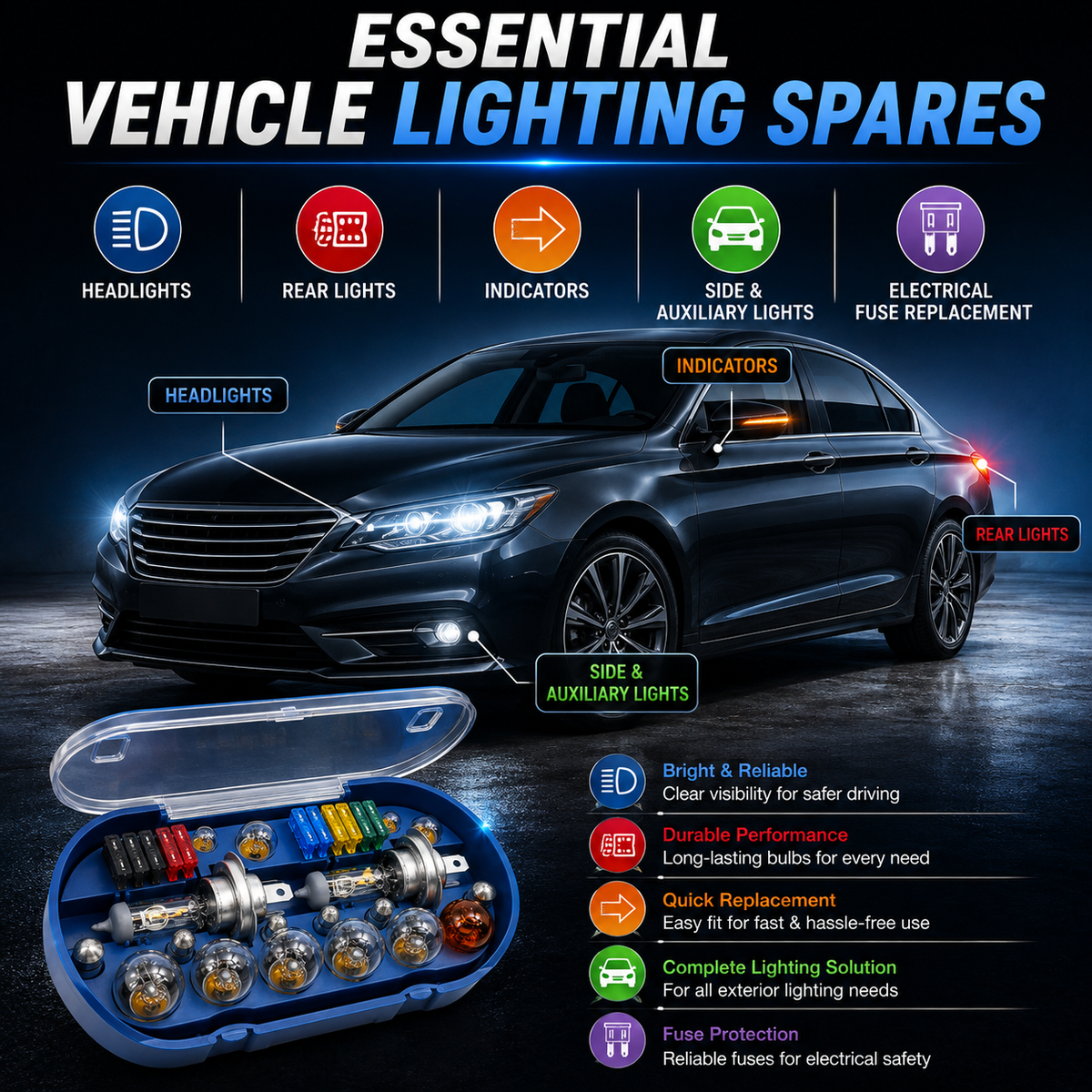 30-Piece H4 Car Bulb & Fuse Set – 12V Emergency Vehicle Spare Light Kit