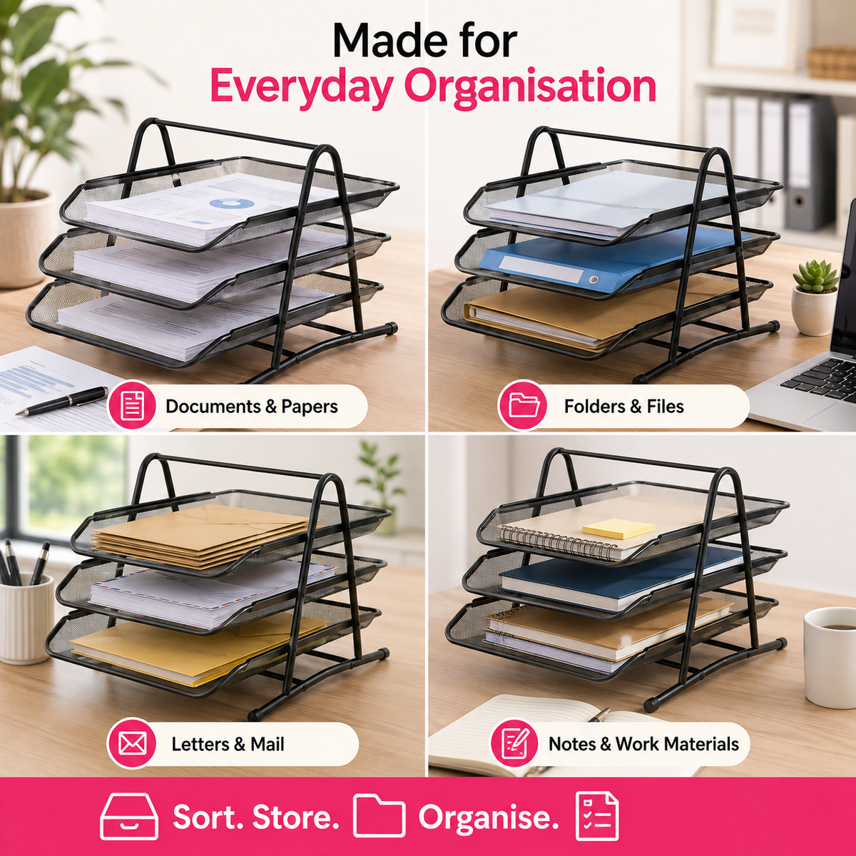 3-Tier Mesh Document Tray – Stackable Desktop Paper & File Organizer