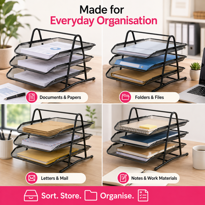 3-Tier Mesh Document Tray – Stackable Desktop Paper & File Organizer