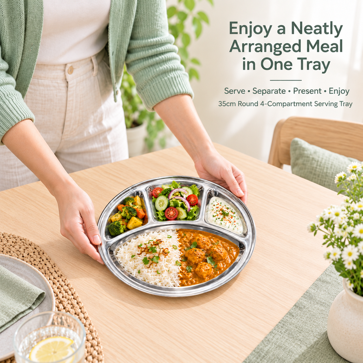 Stainless Steel 4 Compartment Thali Plate – 35cm Round Divided Dinner Tray