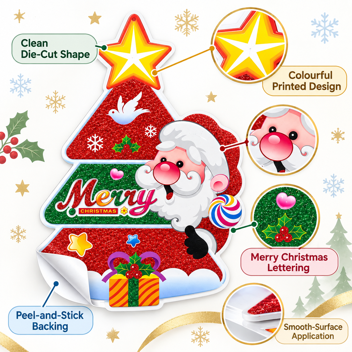 Glitter Christmas Tree Santa Hanging Decoration – Merry Christmas Star Sign, 28x38cm