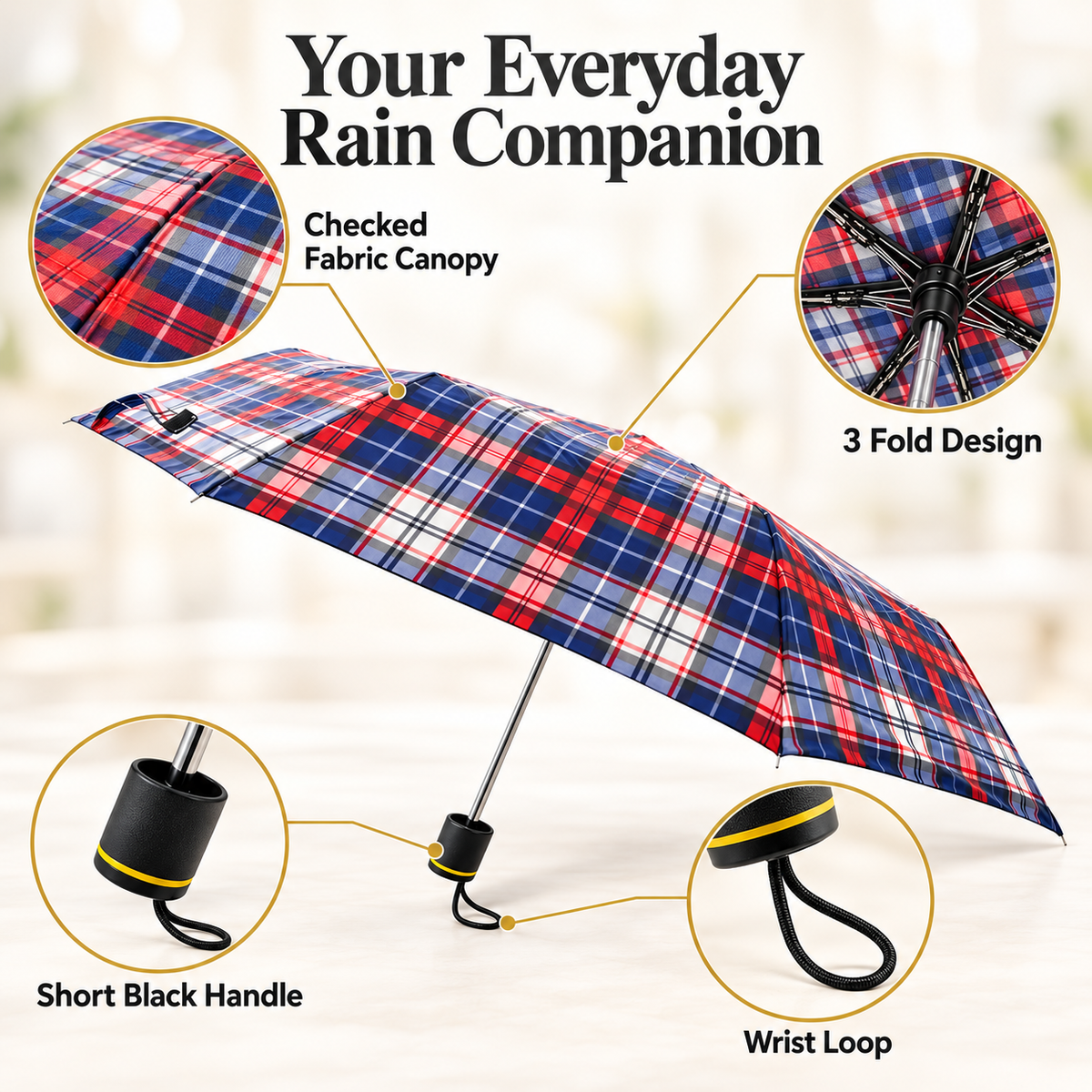 3 Fold Checked Mini Umbrella – Red Navy Purple Yellow Black Grey