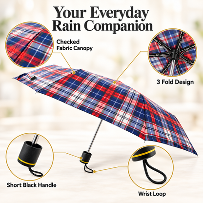 3 Fold Checked Mini Umbrella – Red Navy Purple Yellow Black Grey