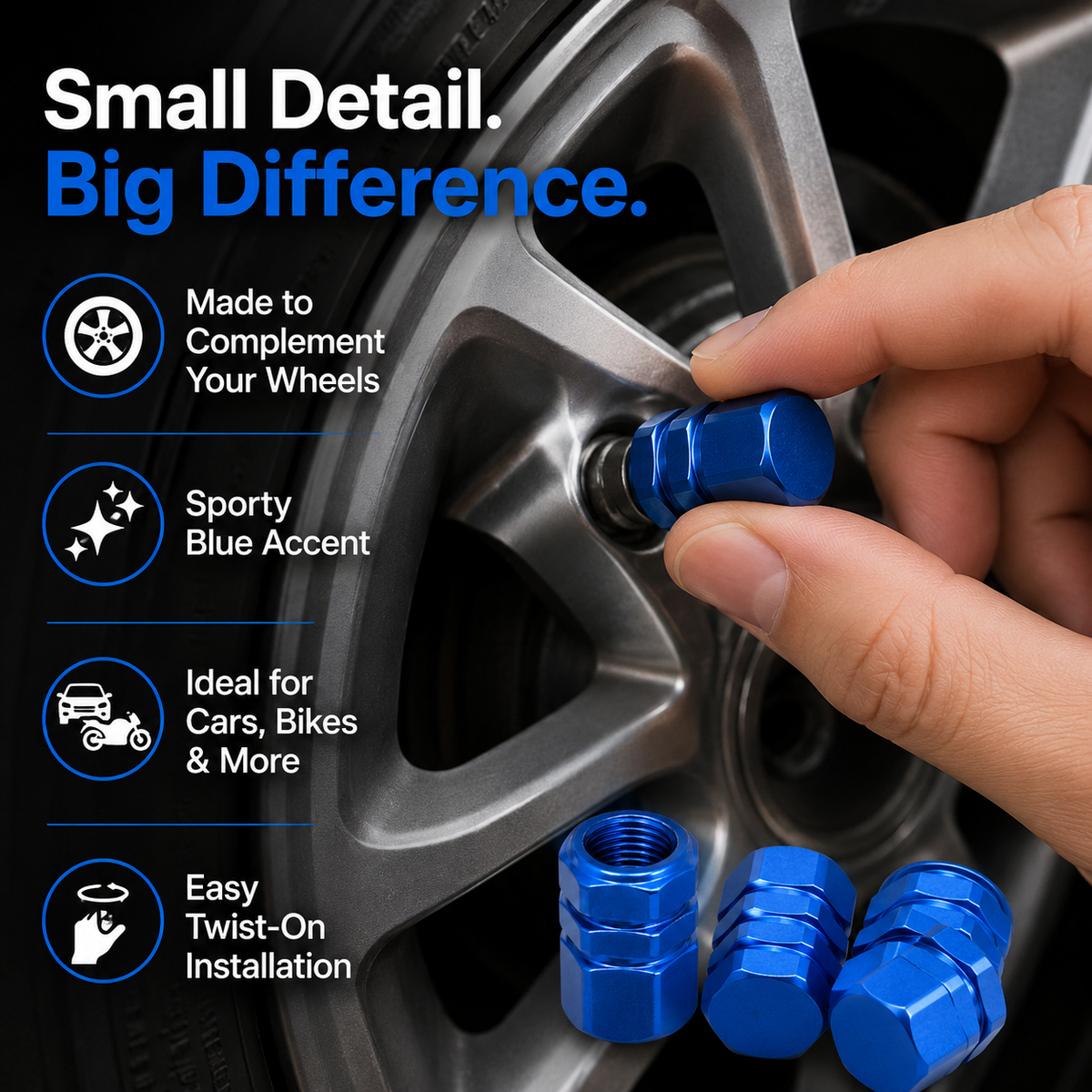 Valve Caps, Blue – Set of 5 Tyre Valve Stem Caps