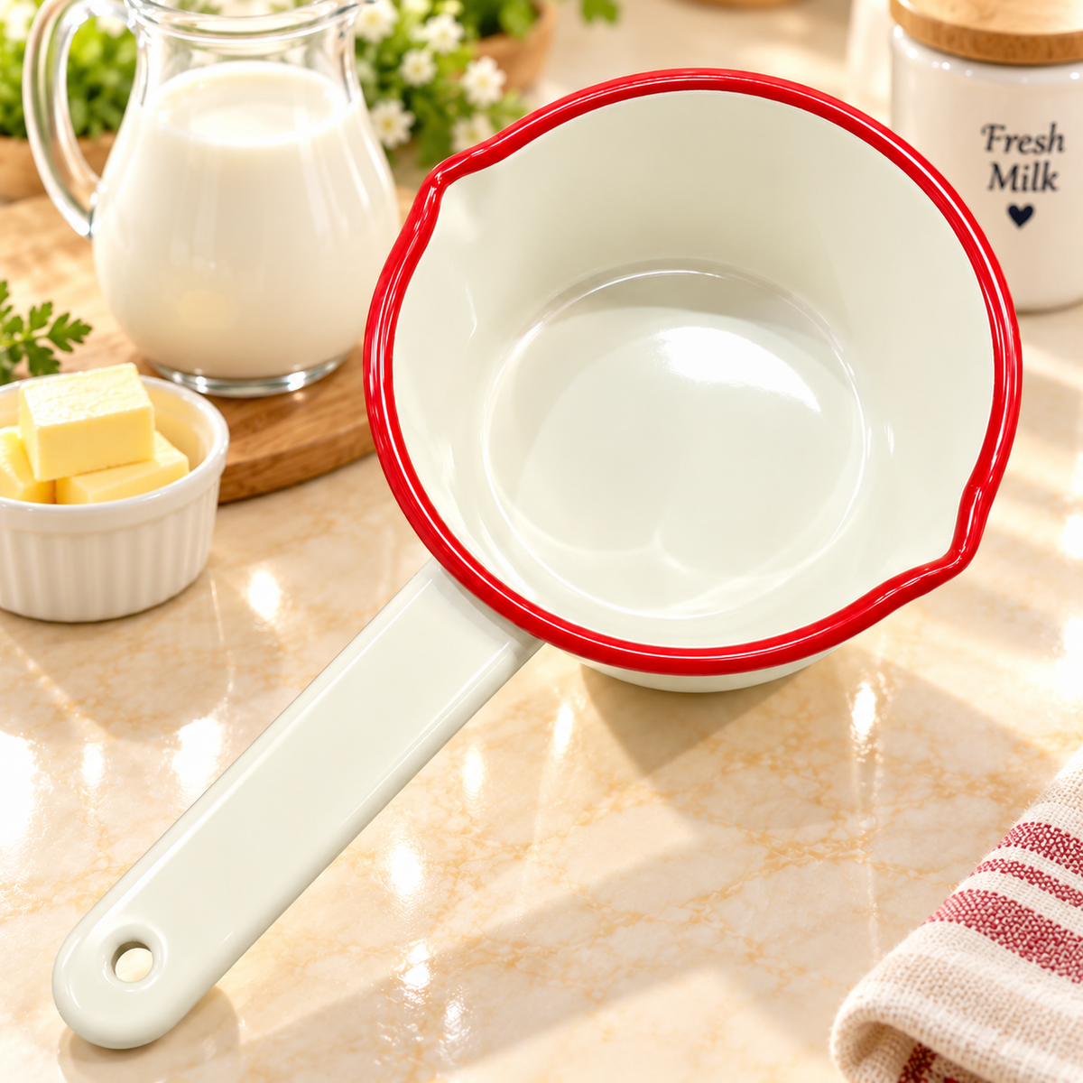 Enamel Milk Pan – 14cm Cream with Red Rim