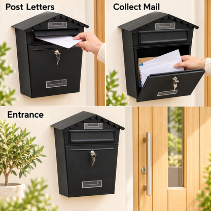 Large Black Steel Post Box with Lock – 34cm