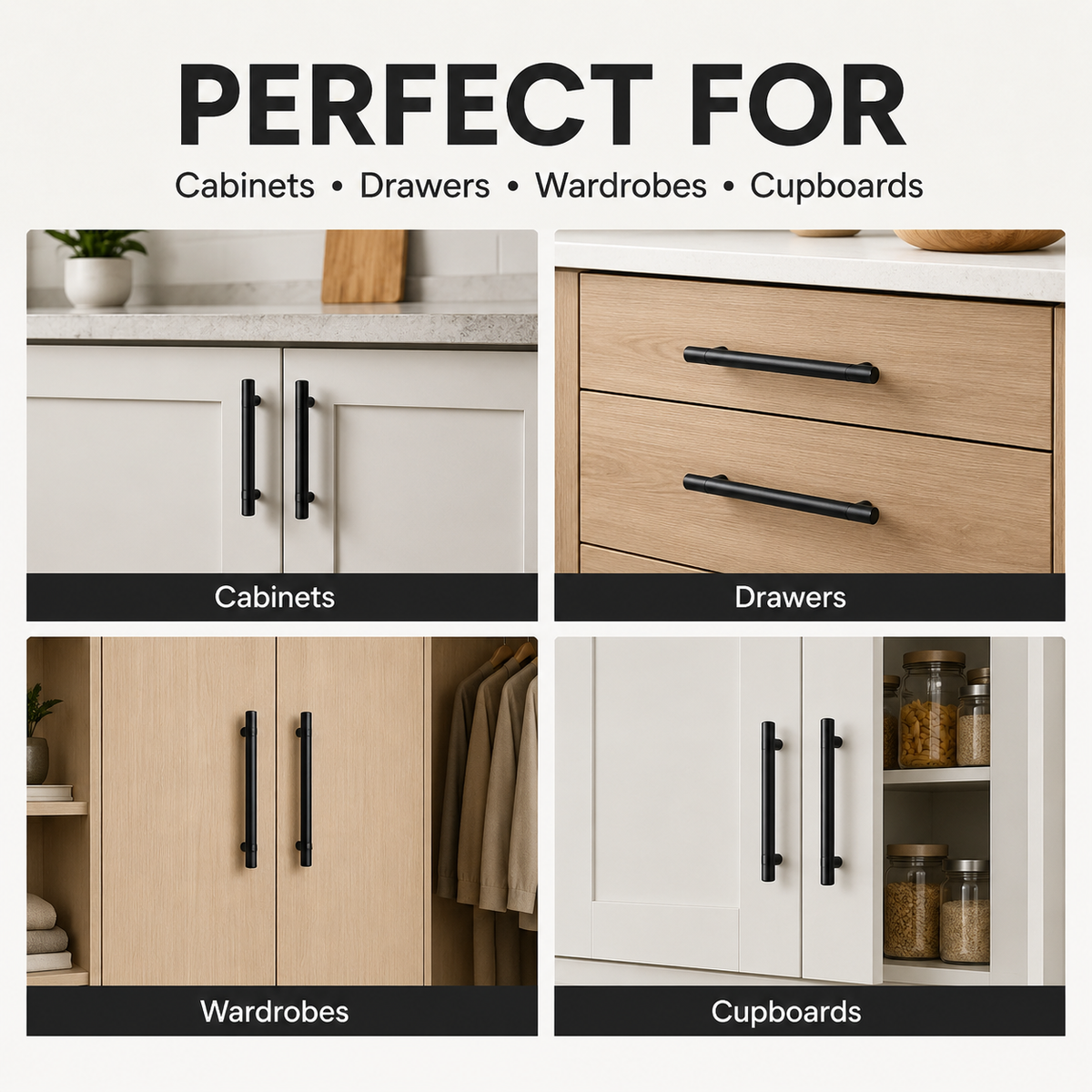 2-Piece 200mm Black T-Bar Cabinet Pull Handle Set – 128mm Centres