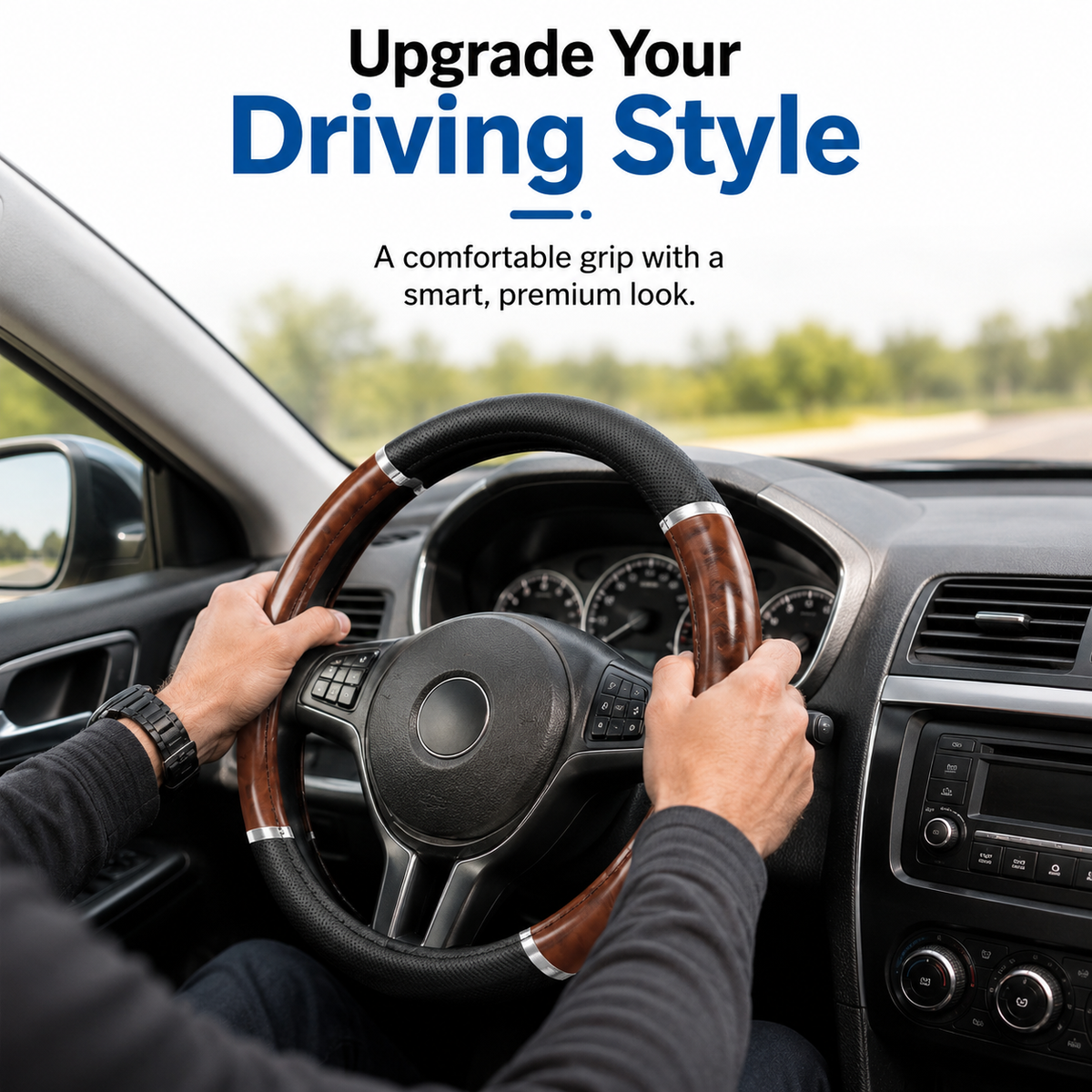 Universal Black & Wood-Effect Steering Wheel Cover – 37–39cm