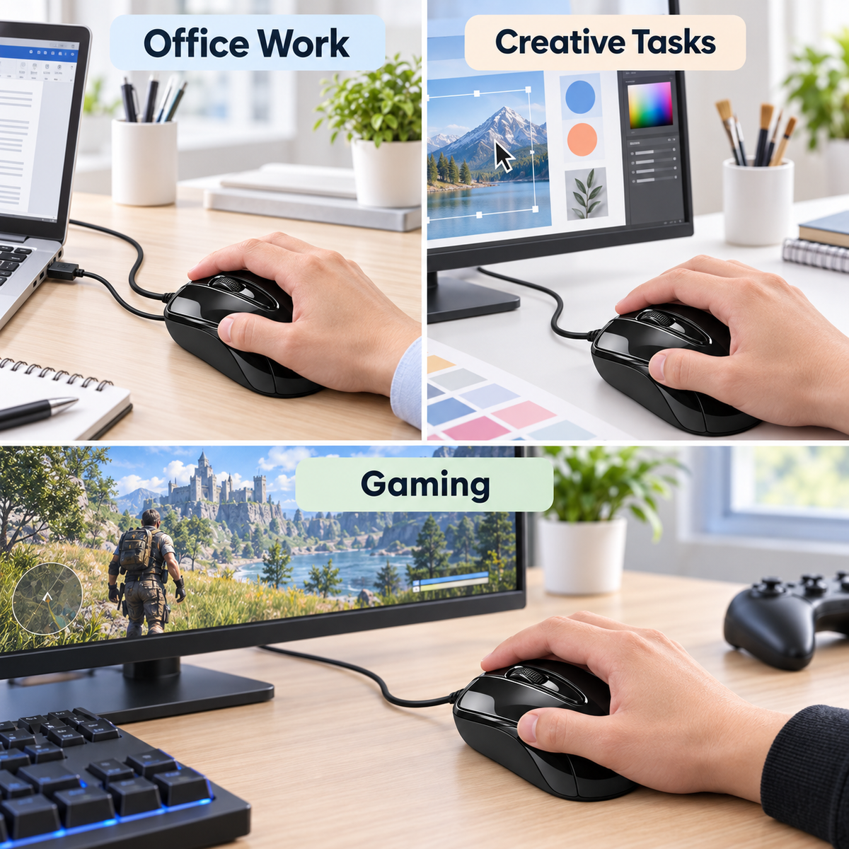 Black USB Wired Optical Computer Mouse – Adjustable 1600/2400/3200 DPI with Scroll Wheel