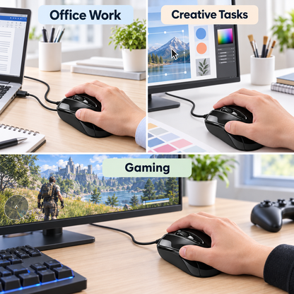 Black USB Wired Optical Computer Mouse – Adjustable 1600/2400/3200 DPI with Scroll Wheel