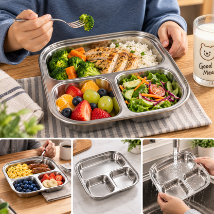 Stainless Steel 3 Compartment Tray – 29.5x26cm Divided Serving Plate